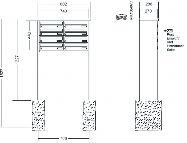 RENZ Briefkastenanlage freistehend, Tetro, Edelstahl V4A, Kastenformat 370x110x270mm, 8-teilig